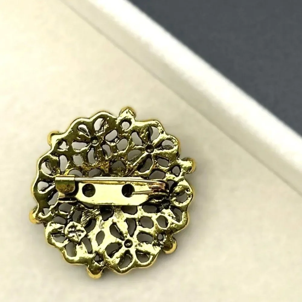 Yellow Gold with Blue Sapphire and Aquamarine Crystal Flower Pin Back Brooch